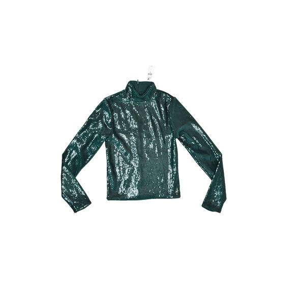 NEW EXPRESS Women's Green Sequin Mock Neck Crop Top Blouse Size XS New with Tags - Picture 1 of 8